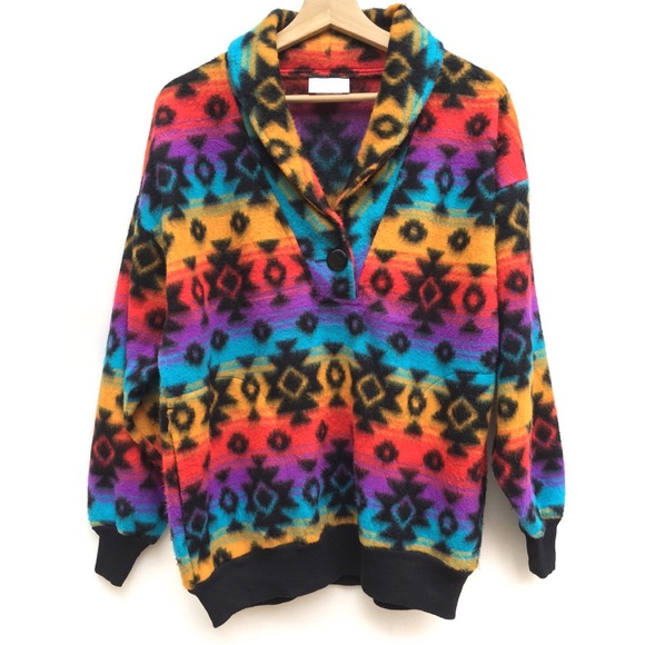 Vintage Tops - 90s Colorful Rainbow Southwest Fleece Sweatshirt